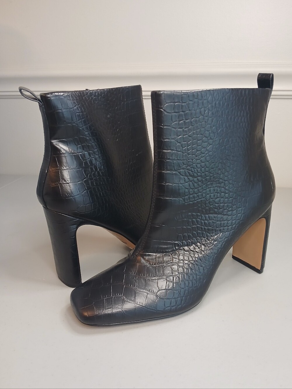 Black Faux Leather Croc Print Square Toe Plank Heel Ankle Boot 10M